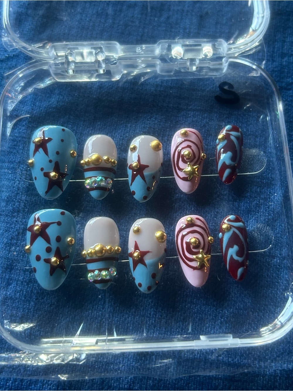 Hand-Painted Blue & Pink Star Accent Press-On Nail Set